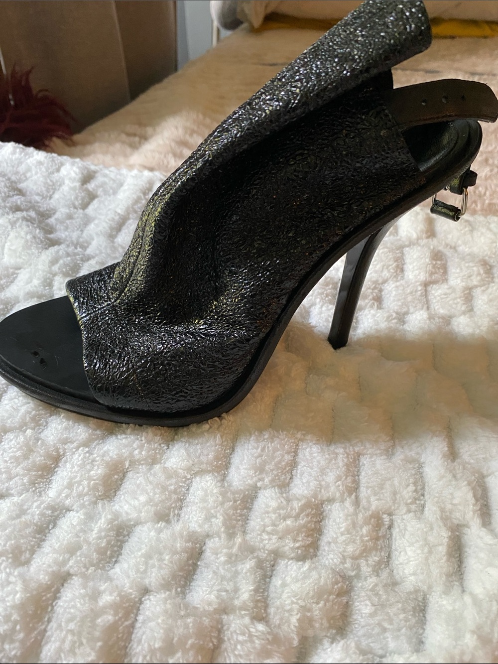 Balenciaga Black Glitter Open-Toe Stiletto Slingback